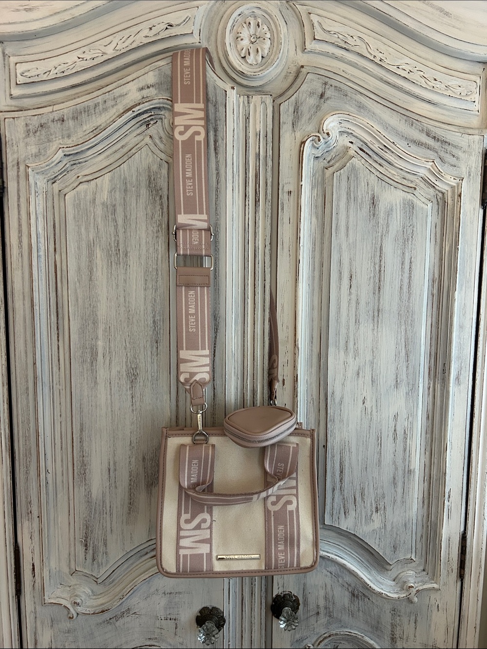 Steve Madden Beige Cream Logo-Striped Messenger Bag with Branded Strap